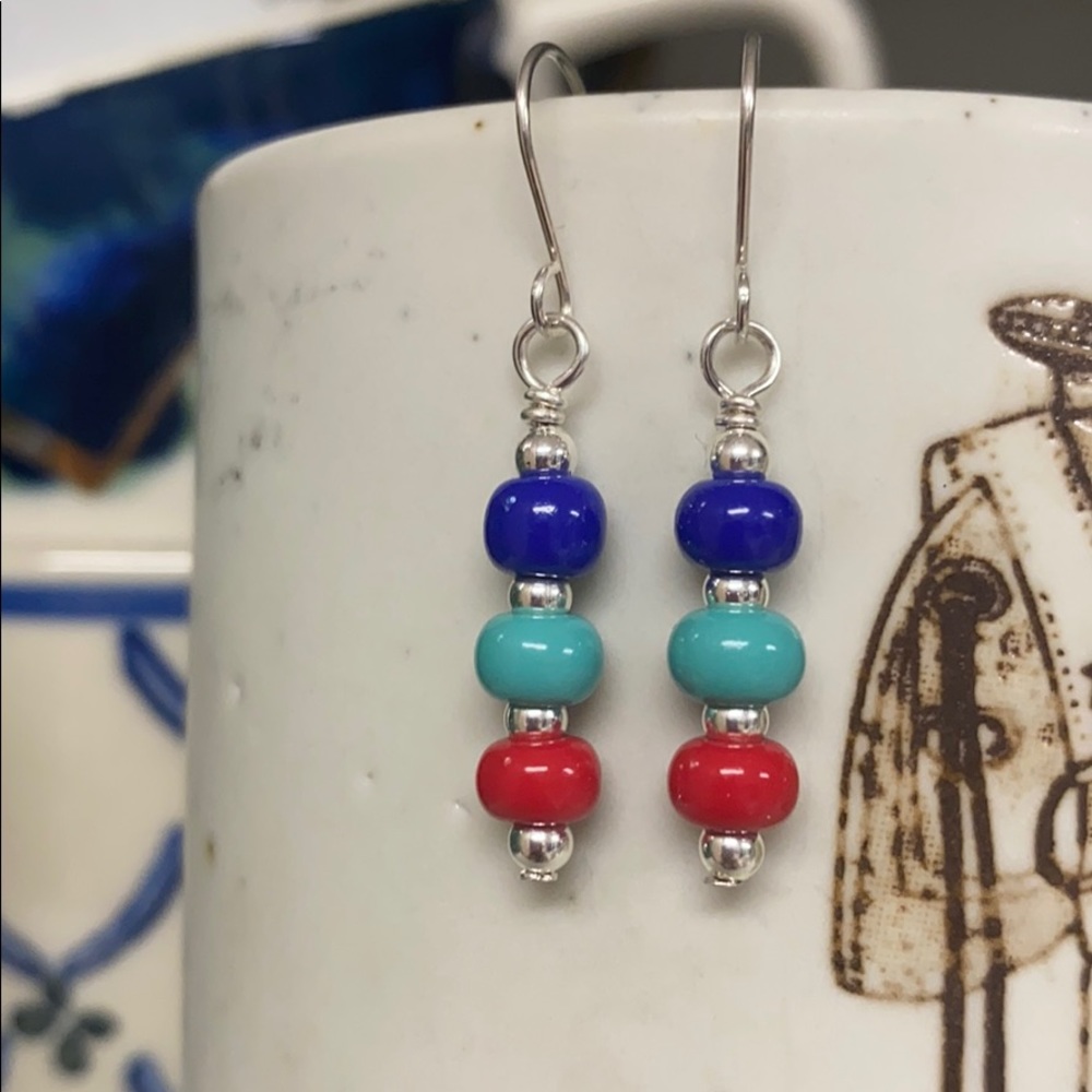NWOT Sterling ear wires red blue turquoise dainty